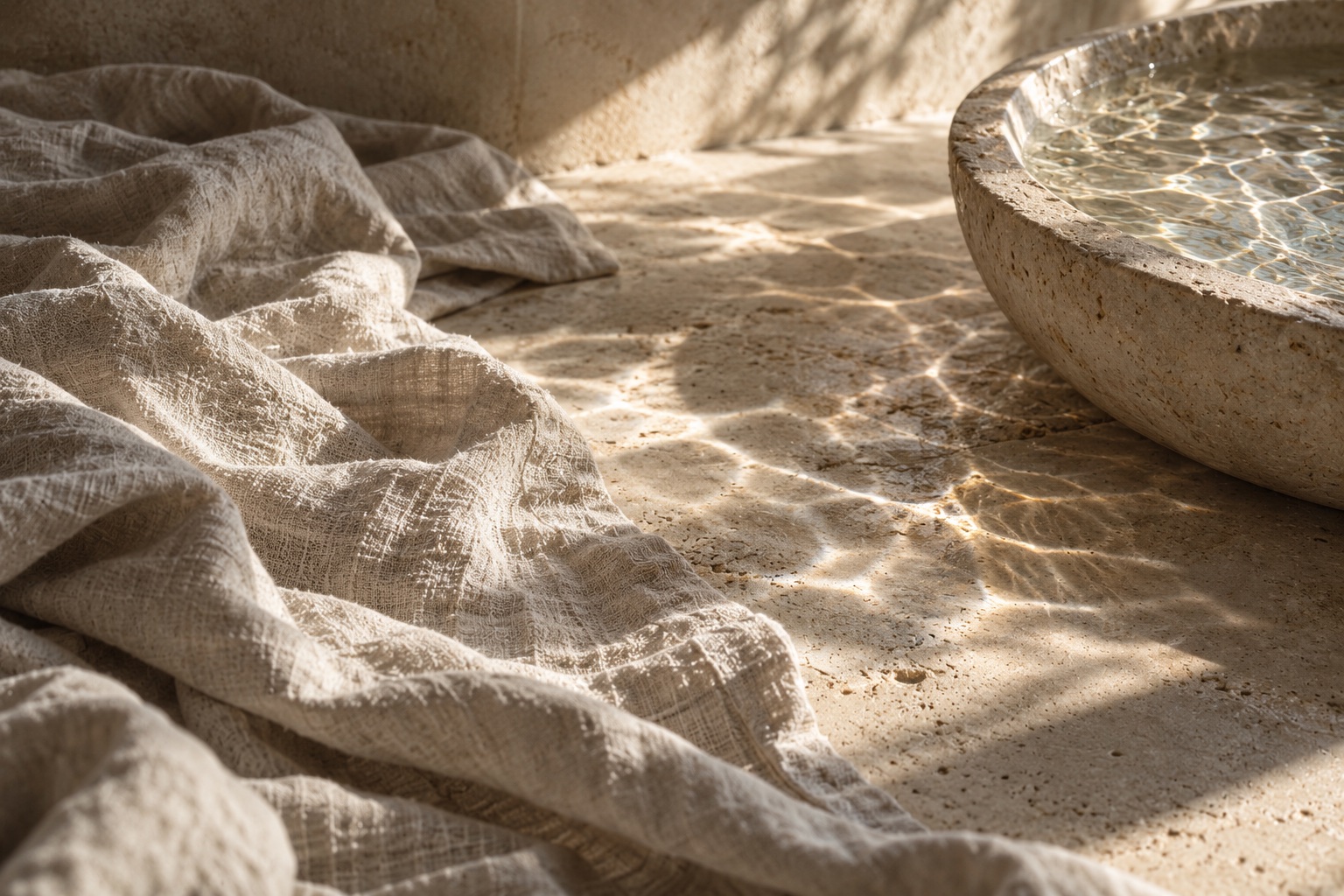 Linen, stone and moving water reflections in morning light
